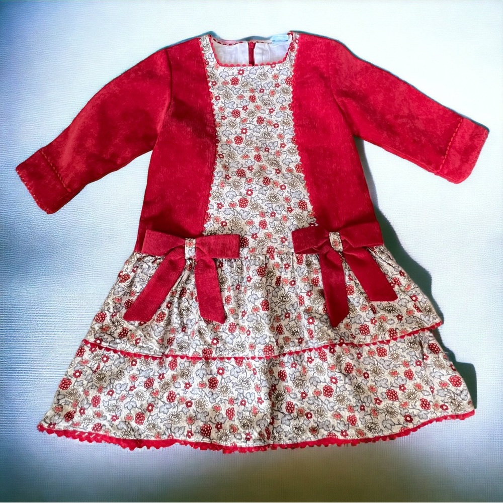 Sardon Girl’s Floral & Red Corduroy Autumn Party  Dress Sz 4Yrs